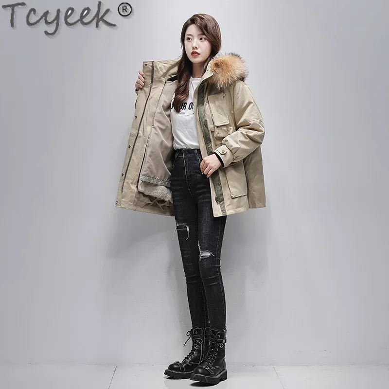 Tcyeek-abrigo con forro de piel de conejo Rex para mujer, Parka holgada de longitud media, chaqueta de piel de mapache, ropa de invierno, novedad