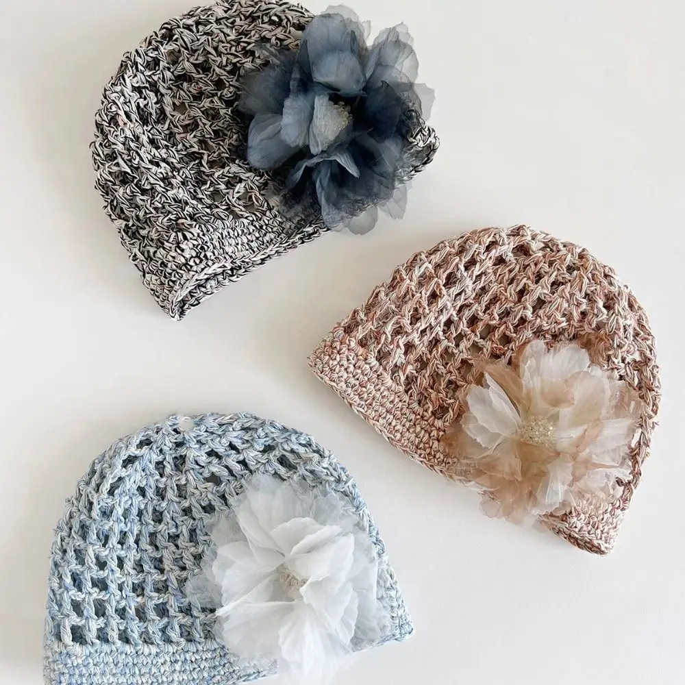 

Cute Handmade Crochet Flower Hat Bohemian Style Korean Beanies Hat Ethnic Style Thin Weave Cap Spring and Summer