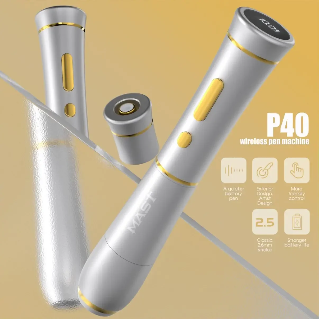 

Mast Tattoo P40 Wireless Tattoo Pen 2.5mm Stroke Wireless Battery or RCA Mode for Eyebrows Eyeliner Lips and Small Tattoos