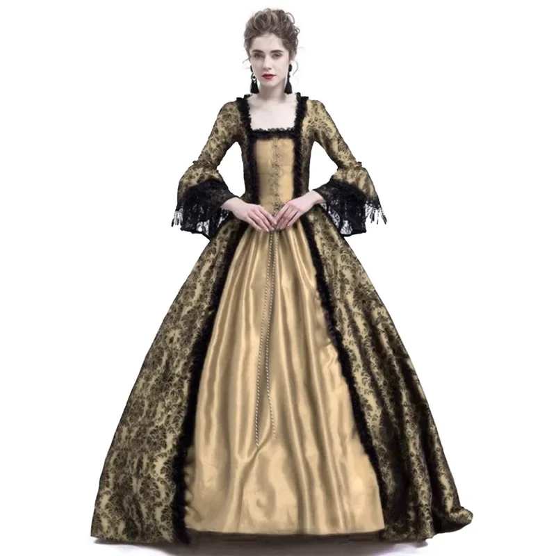 SN55Women's Vintage Dress Medieval Victorian Court Lace Stitching Dress Gothic Long Sleeve Dress Cosplay Party Costume S-5X$5Q@1