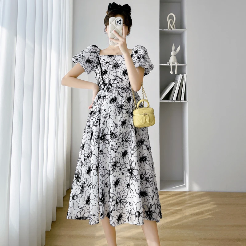 2024 Summer Pregnant Woman Party Dress Puff Sleeve Square Collar Maternity Elegant Dress Pregnancy Princess Dress Black Floral