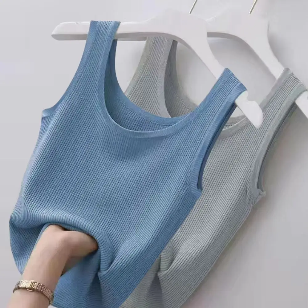 2024 Polyester Sexy Sleeveless Camisole Solid Color T-Shirt Summer Camisole Basic Top Streetwear Tees Spring Knitted Tank Girls