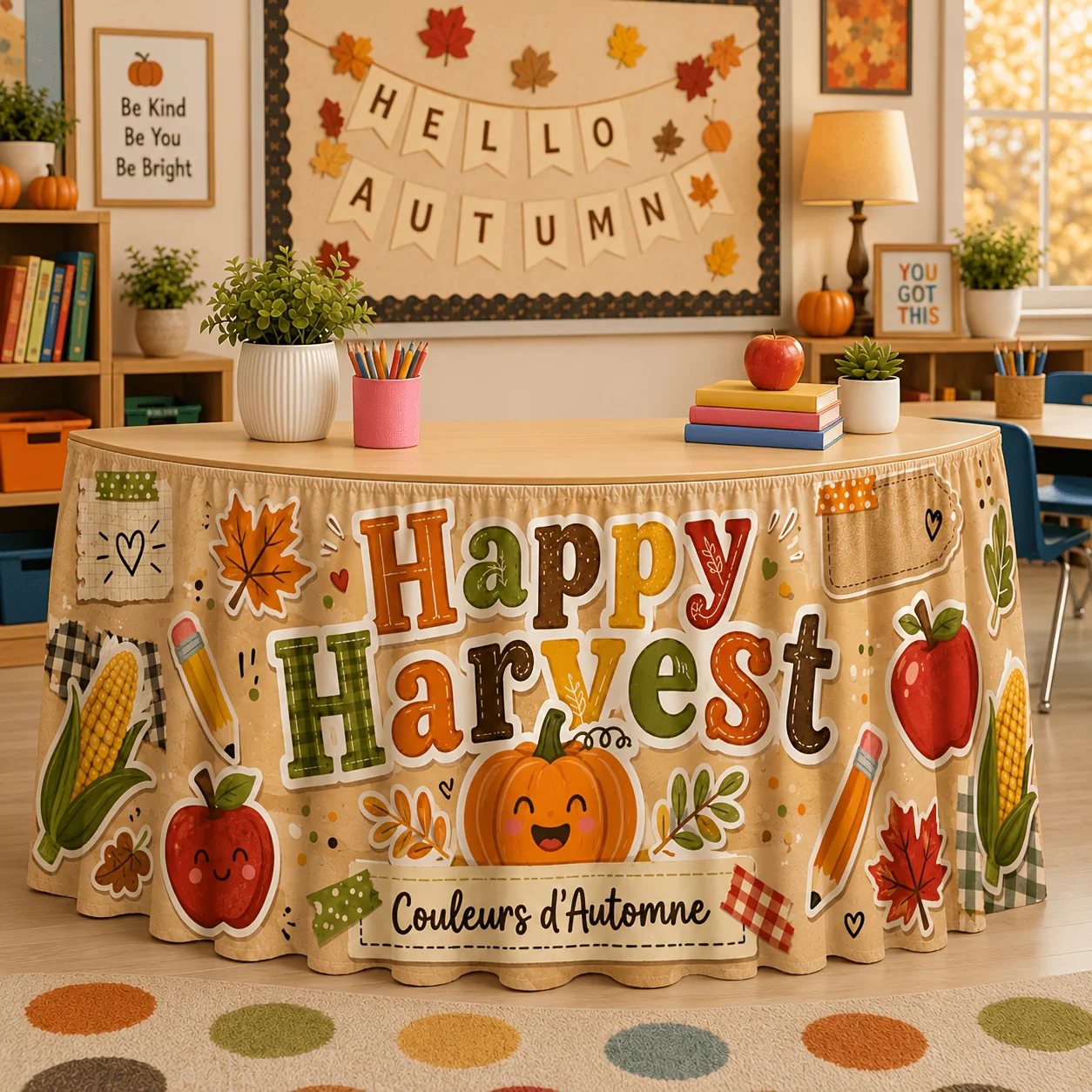 Send a table skirt 1 piece, happy harvest, autumn pumpkin maple leaf, classroom table skirt decoration