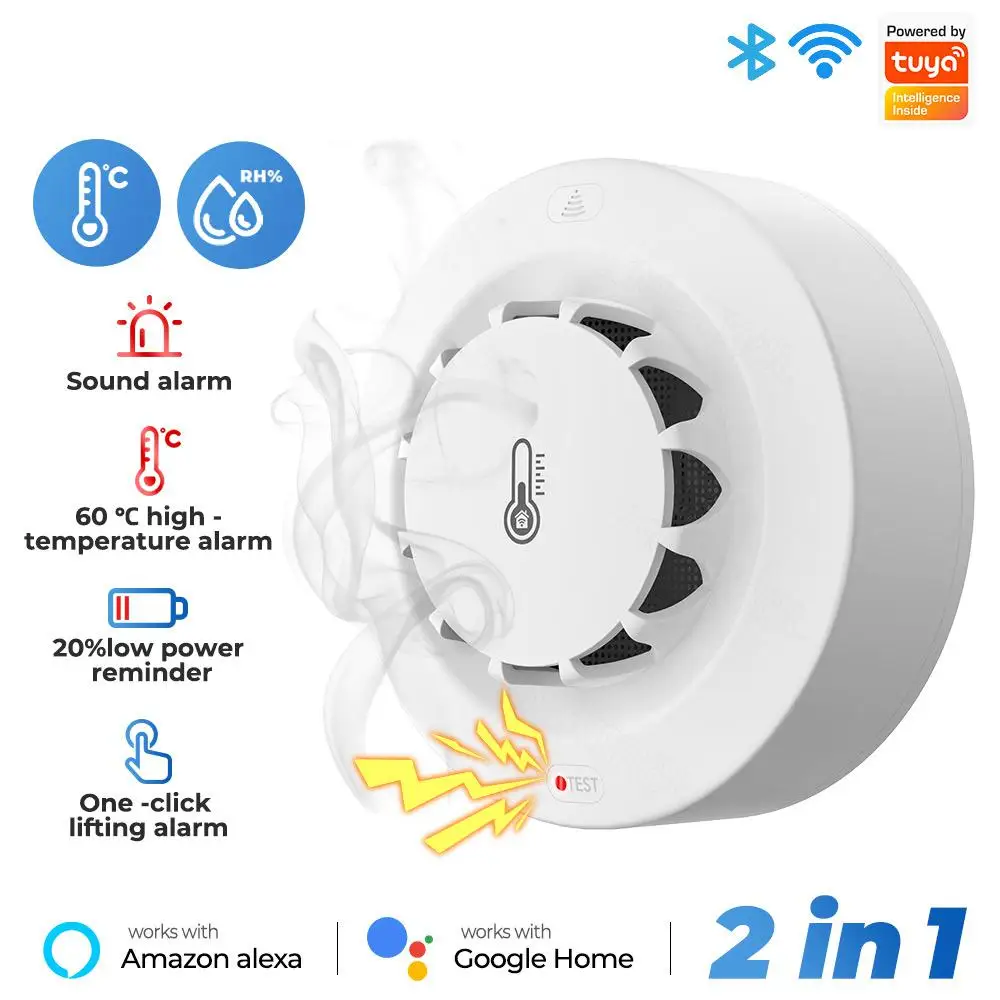 Tuya Temperature Smoke Alarm Wifi Humidity Sonsor Via Alexa Google Home Thermohygrometer Digital Fire Fighter Smart Life Securit