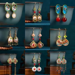 Retro Chinese Pink Enamel Earrings for Women Ethnic Palace Style Flower Shaped Hollow Design Luxury Jade Pendant Tassel Jewelry