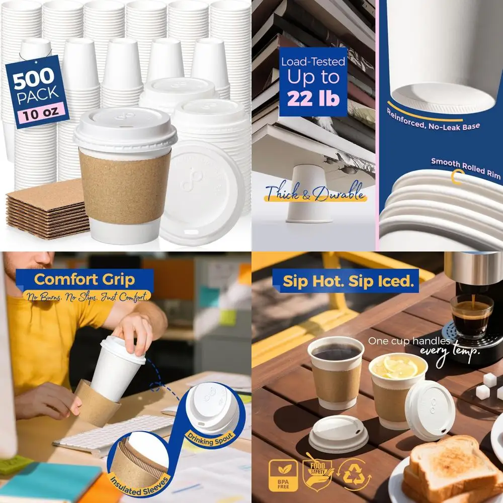 

Disposable 10 oz Coffee Cups with Lids, Leak-Proof, Durable Hot Paper, To-Go Cups for Meal Prep, 500 Pack