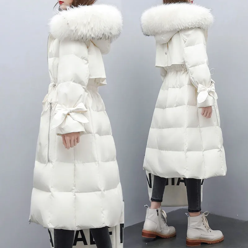 

Fox Fur Collar Duck Down Winter Down Jacket Medium and Long Waist Long Over Knee Leaf-in White Exquisite Simple Casual Trend
