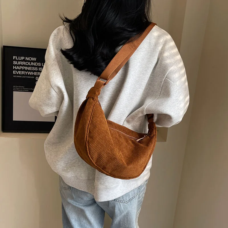 Hobo Bag Corduroy Dumpling Style Bags for Women New Lightweight Casual Solid Color Zipper Shoulder Crossbody Bag Trend All-match