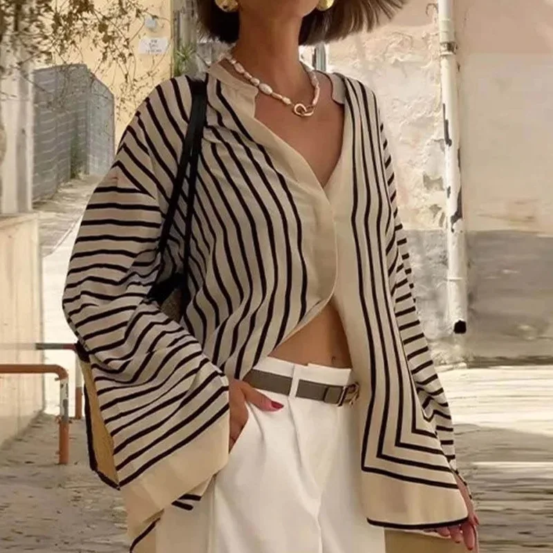 

Spring 2025 Women's Loose Long Sve Striped irt Casual Commute Sle Faionable Open Cardigan Design Cross-Border Clothing