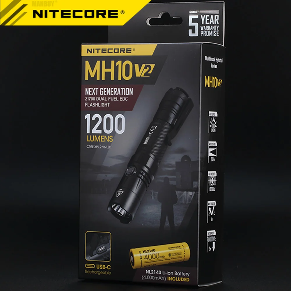 Genuine Nitecore MH10V2 1200 Lumens CREE XP-L2 V6 LED Flashlight Tactical +4000mAh NL2140 21700 Battery USB-C Rechargeable Torch