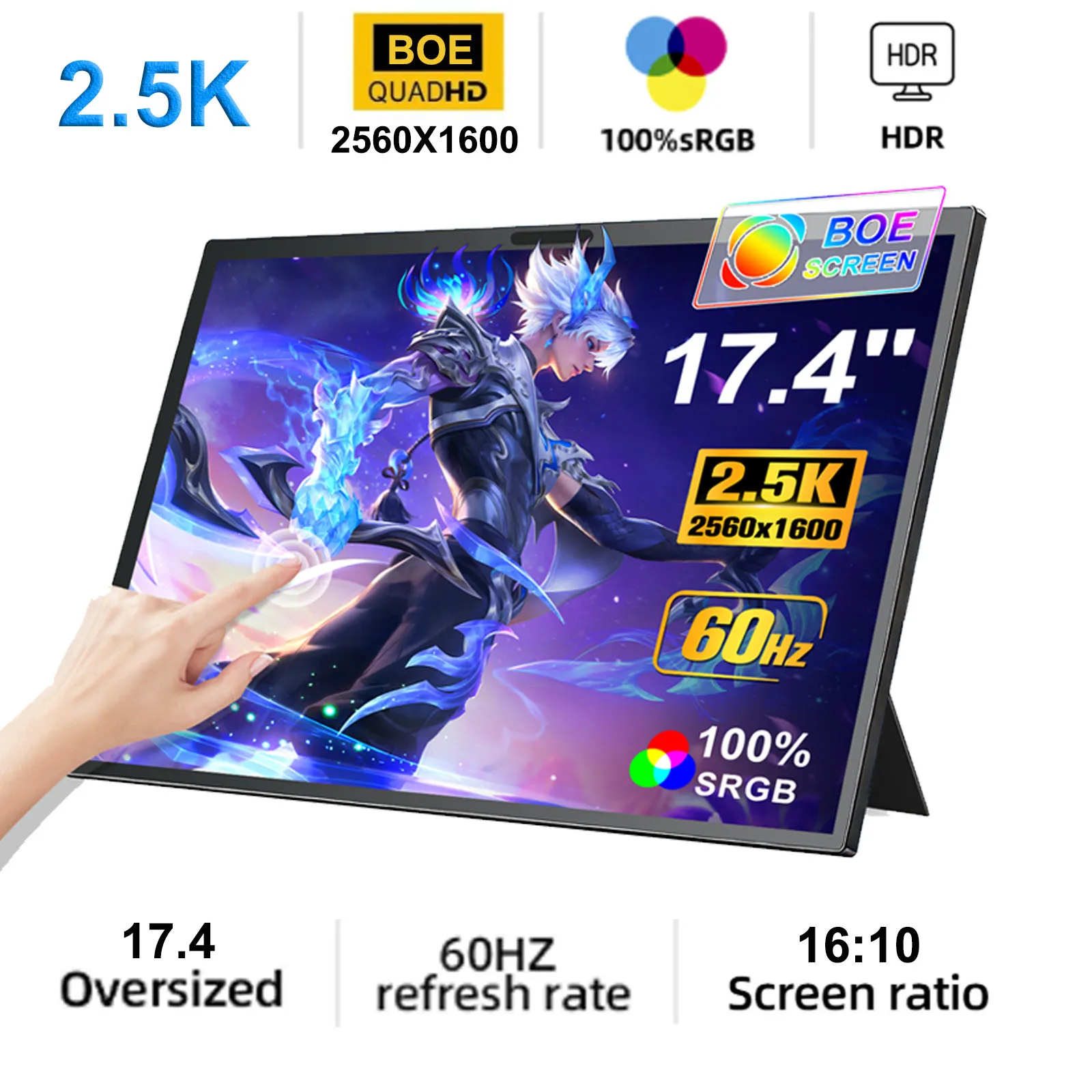 WonTim Portable Monitor Touchscreen 14/15.6/17.4 Inch w/VESA & 180 Adjustable Stand For Laptop PC Mac Switch PS5 iPhone HUAWEI