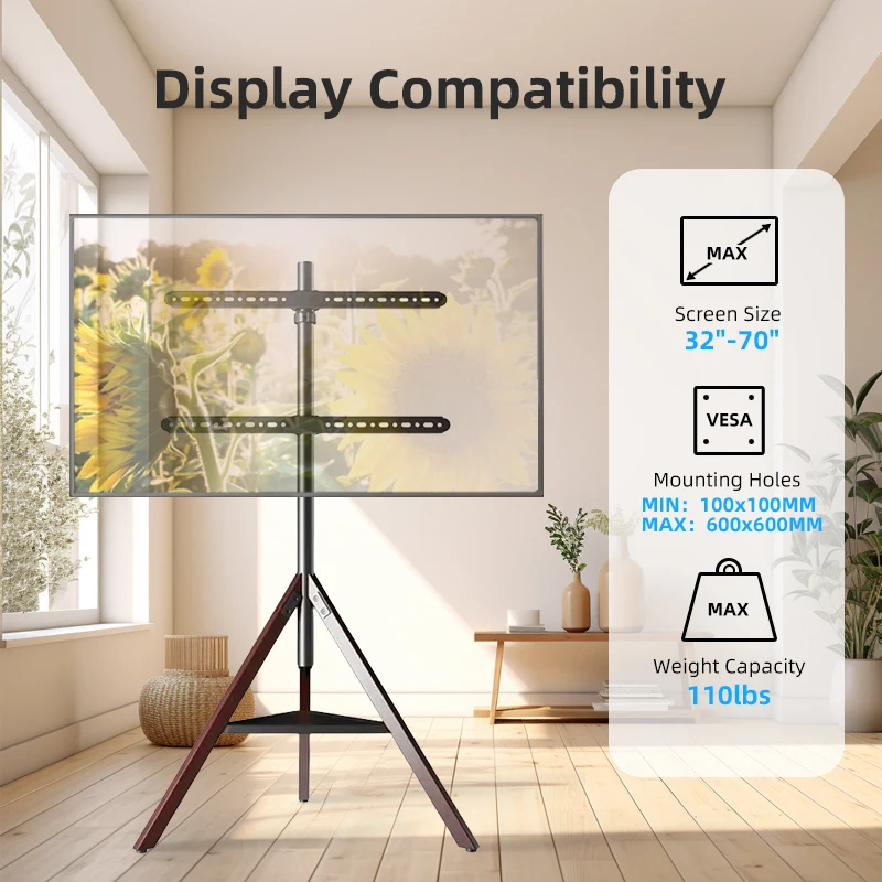 Tripod TV Stand with Mount, Easel TV Stand for 32-70 inch TVs, Height Adjustable and 180° Swivel Corner TV Floor Stand Mount