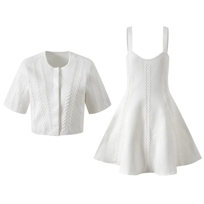 CHUJIE 2025, Sommer-Strickset im französischen Stil mit Schnürung – ärmelloses Westenkleid und Strickjacke mit Knöpfen, Viskose-Nylon-Mischung – MJ