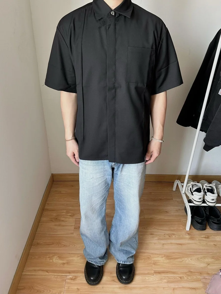 

American Sle Cleanfit Deconstructed Men's irt Summer Design Loose Versatile Drape Anti-Wrinkle Mother-of-Pearl Button