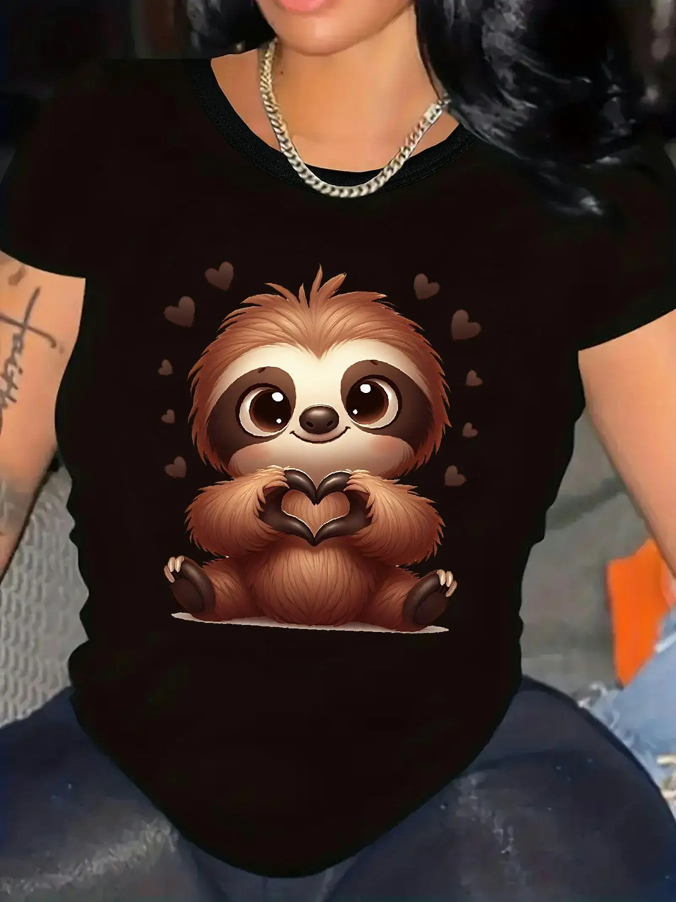 Women'S Cute Sloth Graphic T-Shirt Soft Everyday Tee with Black Sloth Hearts Design Crew Neck Top Summer Comfortable Clothes