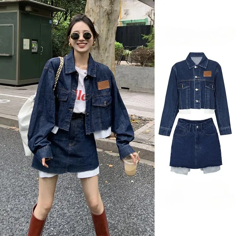 Retro Denim Jacket Patchwork A-line Skirt Two-piece Set Women Fashion Lapel Tassels Korean Temperament College Spring Lady Suit