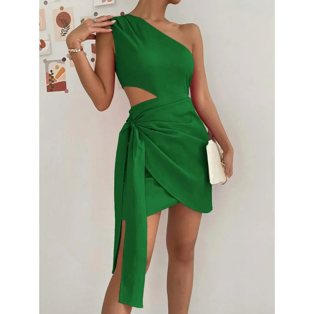 Women's Summer Oblique Shoulder Single Shoulder Cut Knot Side Wrap Dress Solid Color Sleeveless Waist Non-specification Dress