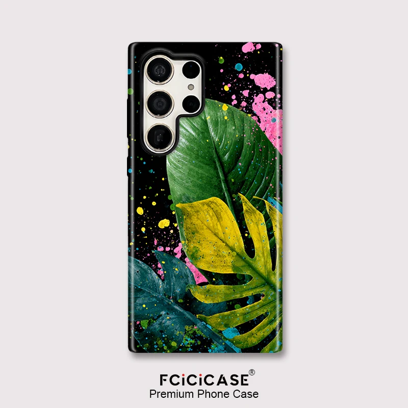 Fcicicase S25 Ultra Matte Acrylic Phone Case For Samsung Galaxy A56 5G A36 A26 A16 S25 S24 S20 FE S23 Plus Leaves Print Cover