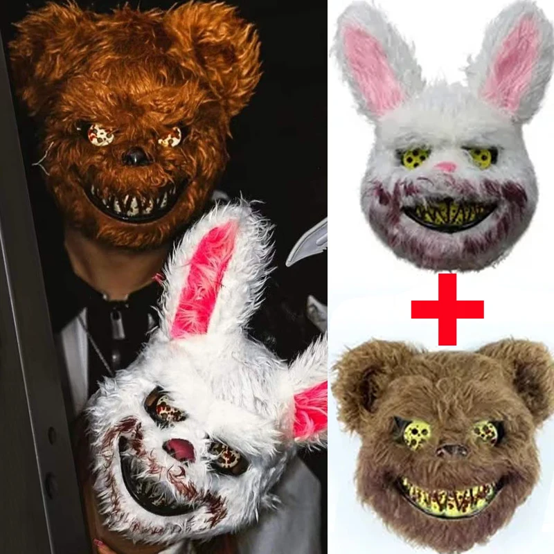 Máscara de conejito de peluche sangriento, máscara de Festival de fantasma de Halloween, tocado de oso sangriento realista, accesorio de rendimiento, máscara de terror de Halloween