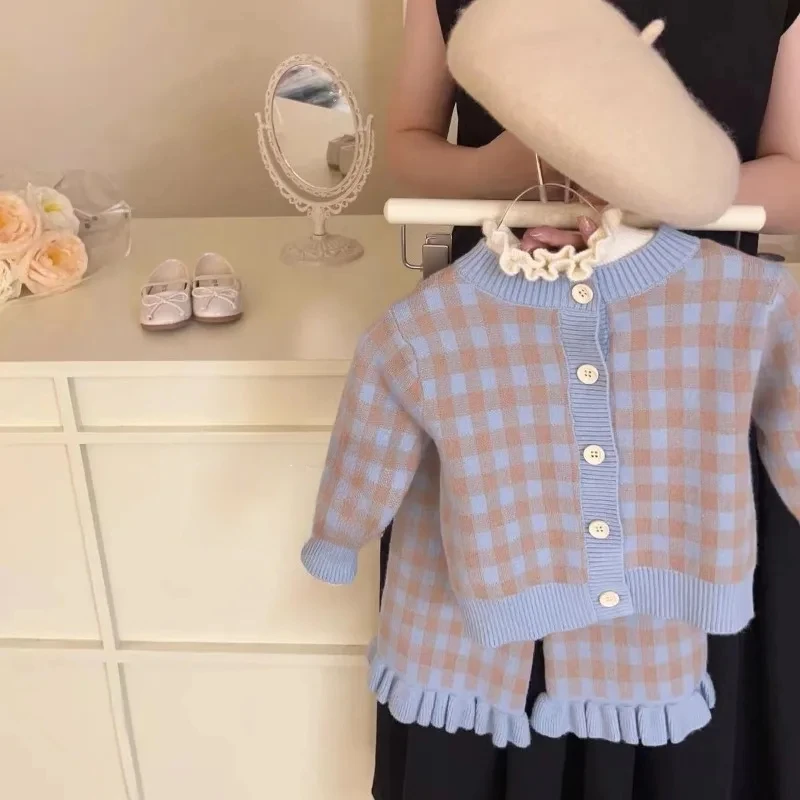 

Blue Plaid Sweater Sets for Kids Girl Long Sleeves Single Breasted Coat+Sling Overalls+Knitwear Top New Spring Autumn