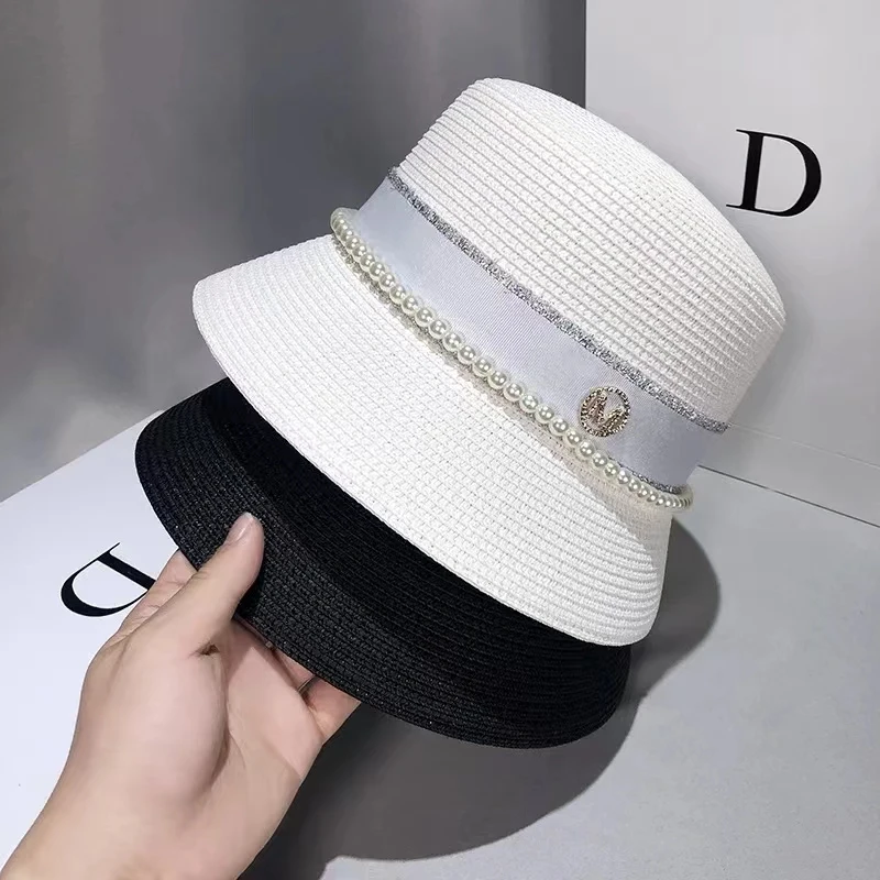 New Women's Sun Hats Summer Elegant Pearl  Bow Straw Hat Fashion Foldable Boater Hat Cap Holiday Audrey Hepburn Beach Hat