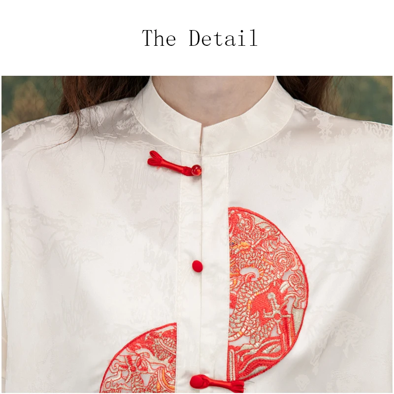 New 2024 Spring Women Shirts & Blouses Chinese Buttons Chinese Style Long Sleeve White Blouses Women Jacquard Elegant Top Mujer