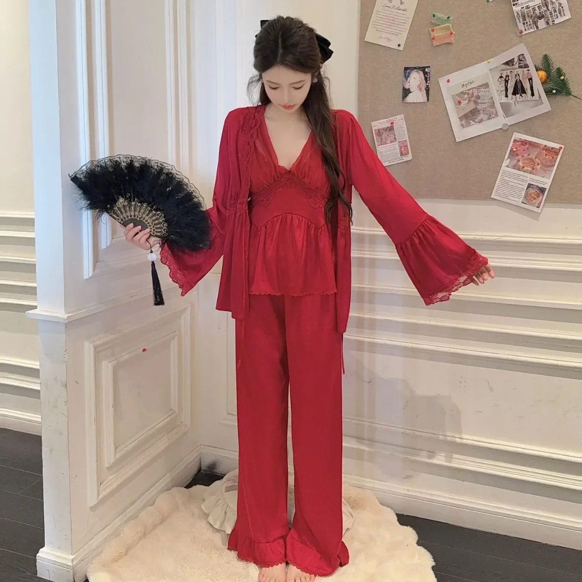 

Women Rayon 3Pcs Home Clothes Sexy Lace Pajamas Suit Princess Sleepwear Palace Style Nightwear Summer New Nightgown Loungewear ﻿