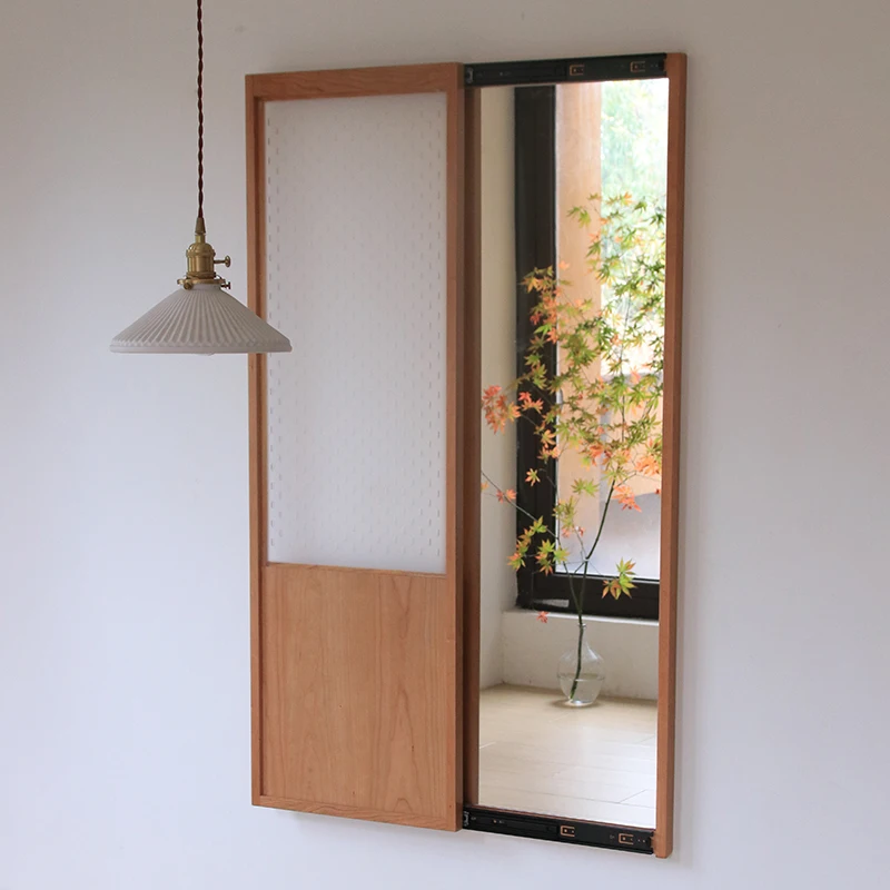 Solid wood full-length mirror push-pull hidden multi-function full-body mirror  mobile floor mirror
