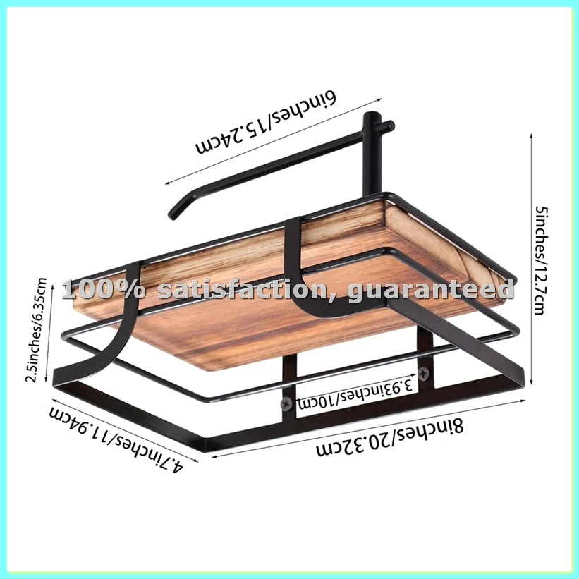 Wall Mounted Iron Tissue Holder with Recycled Wooden Storage Rack - Space Saving Bathroom Organizer-AD23
