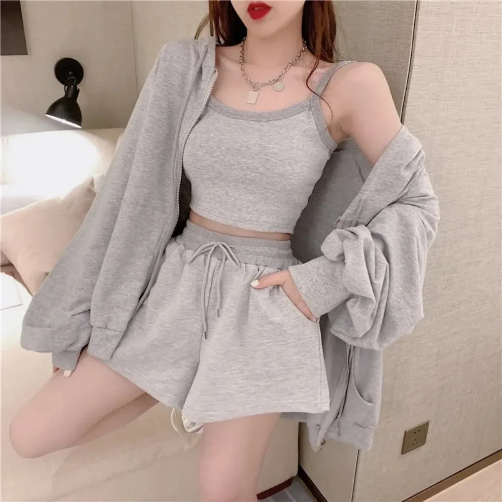 Loungewear Women 3 Pieces Summer Sleepwear Fashion Vest Lingerie Long Sleeve Zipper Hooded Lace-up Shorts Women\'s Pijamad