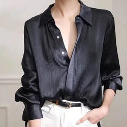 French 2024 Autumn New Style Temperament High-end Satin Texture Acetate High-end Loose Long Sleeved Shirt Top