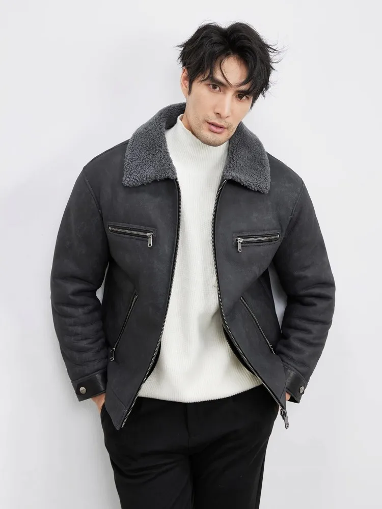 Mens Winter New High Quality Thick Warm Natural Real Fur Motorcycle Coat Slim Zipper Sheepskin Genuine Leather Shearling Jacket