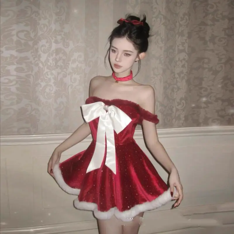

Hot Autumn Winter Newproduct Women Fashion Christmas Dress Red Sexy Pure Desire Lace Dress New Year Battle Robe Playing Sexyset