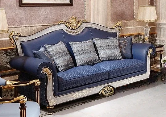 

European light luxury leather sofa living room household shell inlaid solid wood carving flower large apartment designer