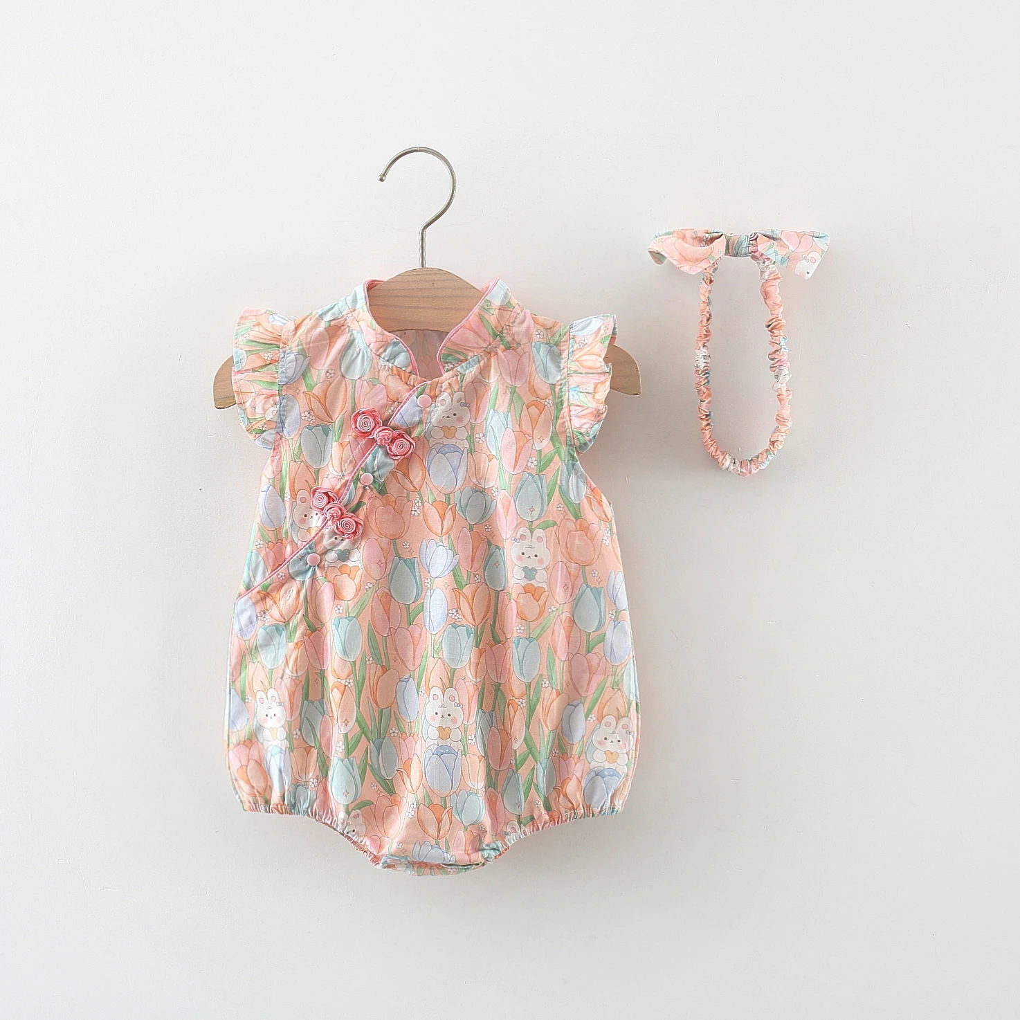 Summer New Baby Crawling Clothes Pink Rabbit Print First Year Dress Small Flying Sleeve Cheongsam Bow For Baby Girls