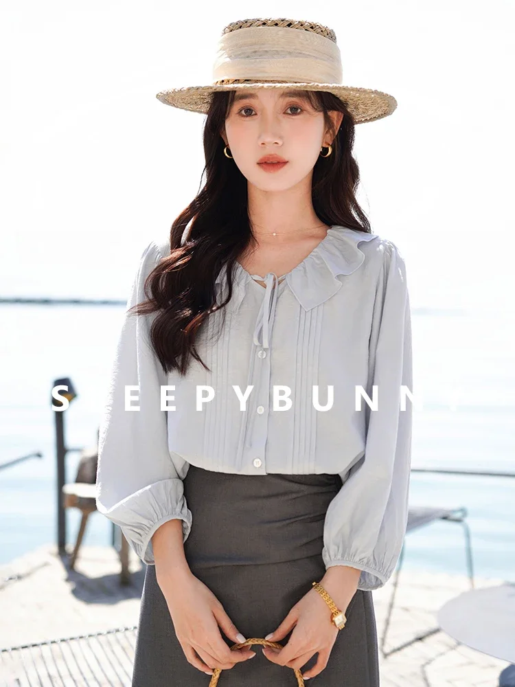 Elegant V-Neck Ruffle Blouse for Women – Chic Pleated Lantern Sleeve Shirt, Loose-Fit Summer Office Casual Top with Tie Neck