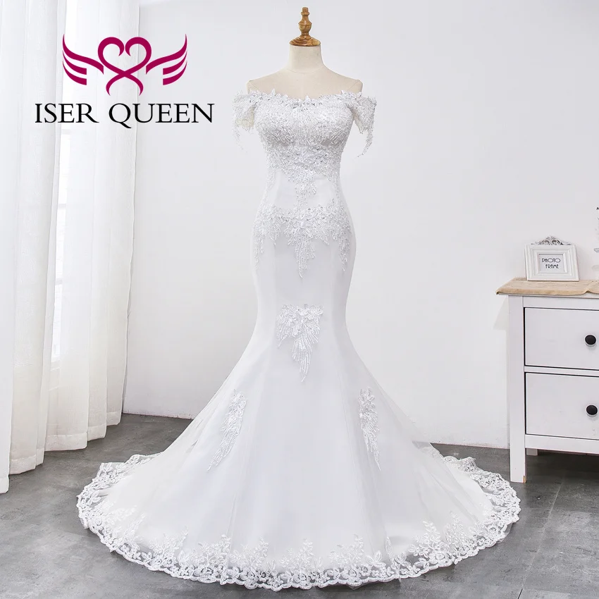 تخصيص الدانتيل يزين بسيط أنيق حورية البحر فساتين الزفاف قبالة الكتف قصيرة الأكمام بالإضافة إلى حجم فستان الزفاف WX0032