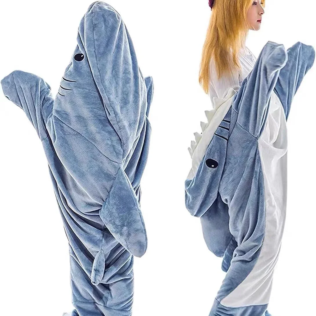Cartoon Shark Onesie Adult Hooded Flannel Sleeping Bag Winter Cosplay Costume Warm Pajama Blanket view 3