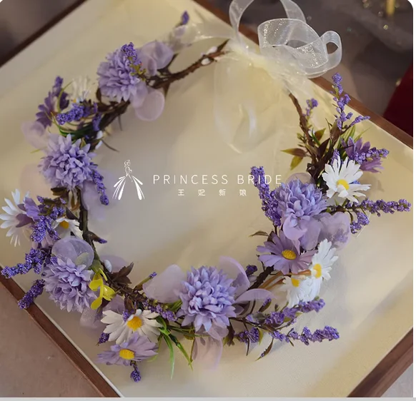 Princess bride wreath headdress purple artificial flower small floral headdress girl performance shooting head ring wedding acce