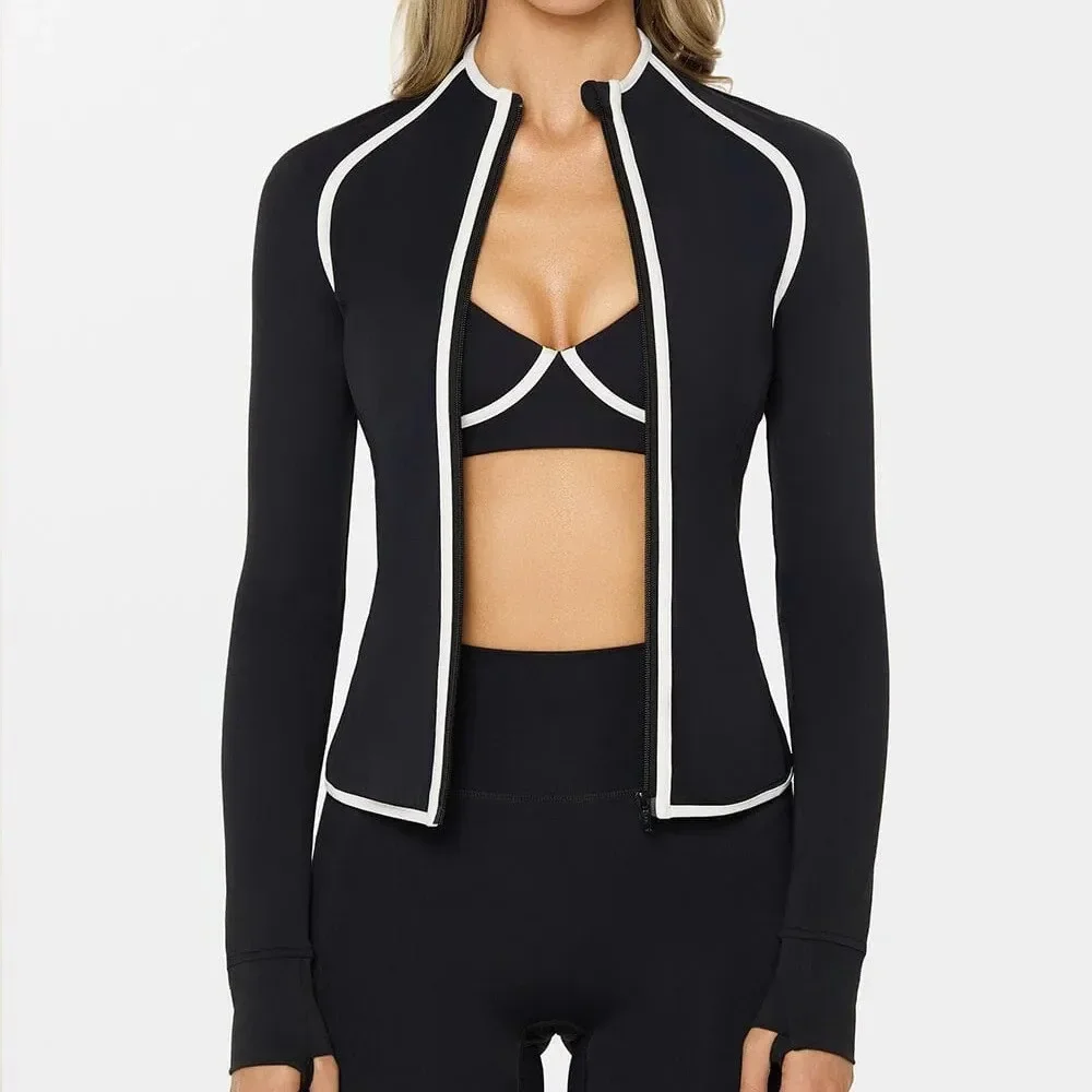 Women Yoga Jacket Contrast Piping Zip Up Stand Collar Long Sleeve Thumb Hole Fitted Cropped Gym Pilates Workout Activewear Top