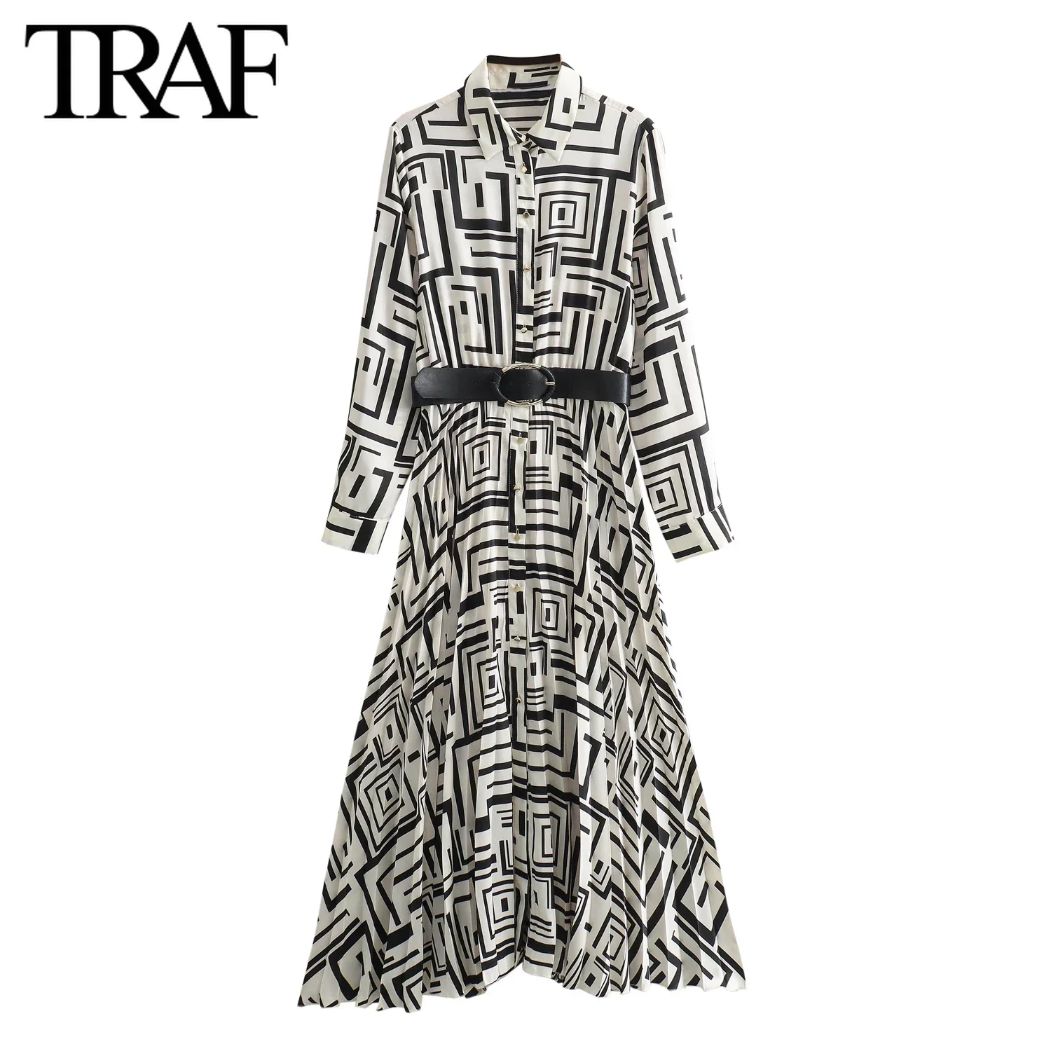 TRAF Women Fashion Spring New Long Sleeve Single-breasted Lapel Belt Printed Satin Dress France Chic Female Evening Mujer