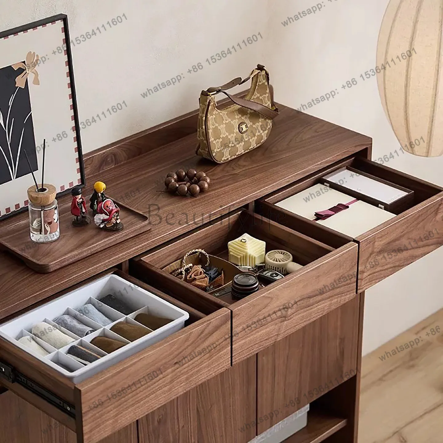 New Chinese-style North American black walnut shoe cabinet household door entrance foyer cabinet solid wood storage