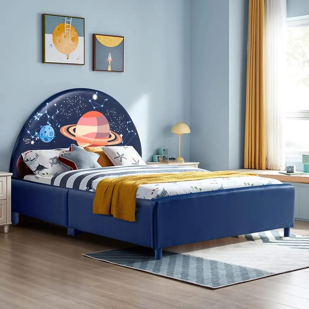 

Wooden Upholstered Twin Bed with Padded Headboard, Slat Support, No Box Spring, Easy Assembly