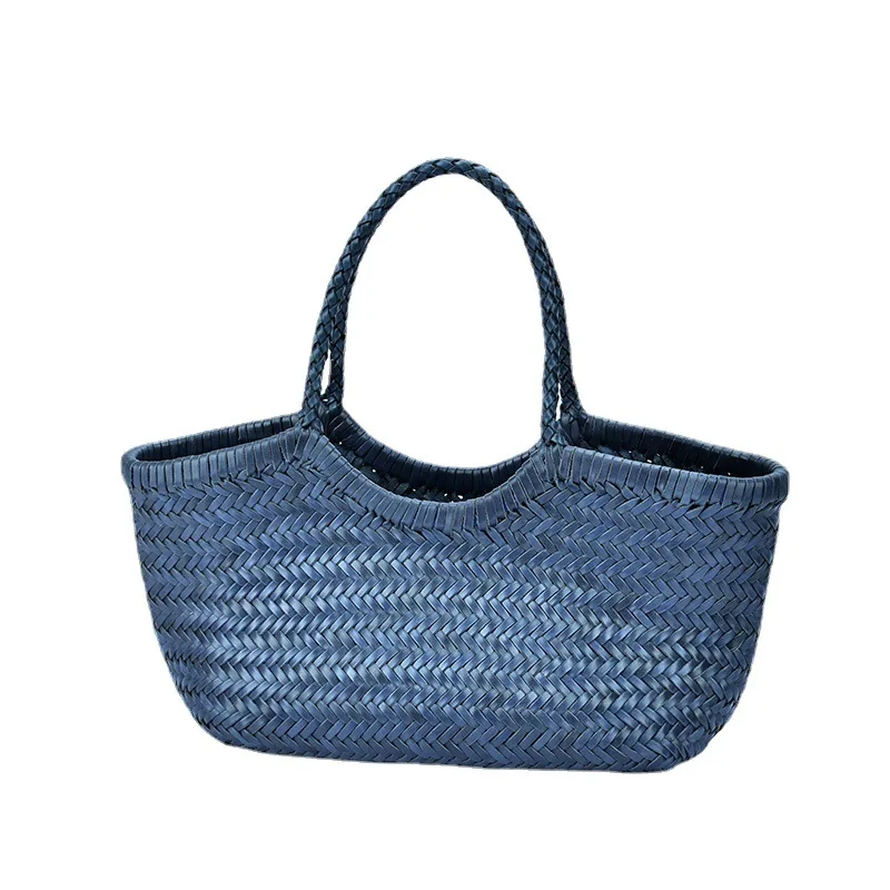 Top Layer Cow Woven Bag Genuine Leather French Vegetable Basket Bag Fashion Vegetable Basket Shoulder Bag Large Capacity