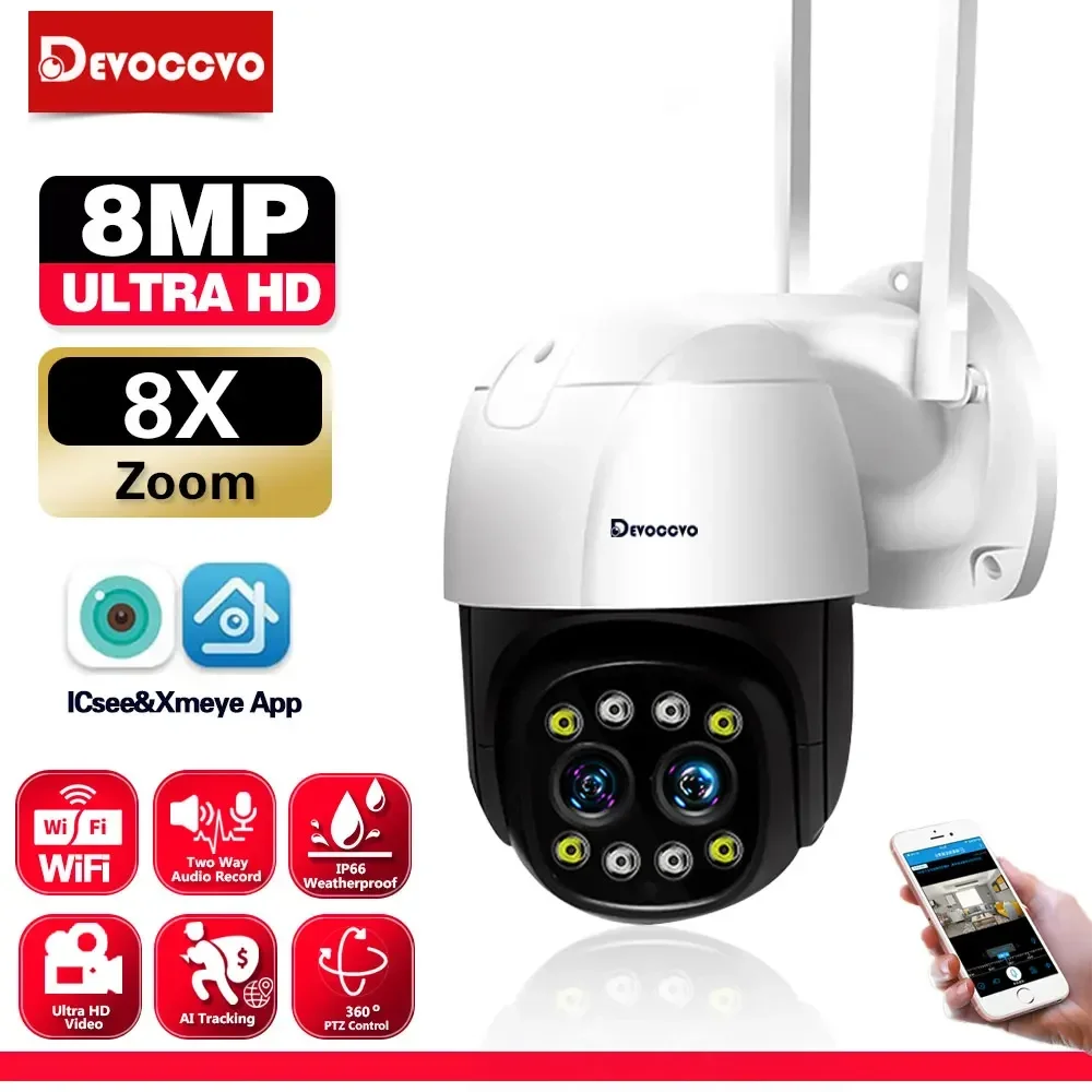 4K 8MP Dual Lens Wifi PTZ IP Camera Outdoor Color Night Vision 8X Zoom Wireless Home CCTV Security Surveillance Camera ICsee 4MP