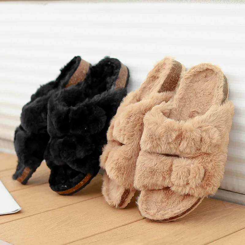 Goosecret Women Fur Fuzzy Slippers Fashion Cork Footbed Fluffy Sandals Open Toe Indoor House Short Plush Shoes With Arch Support