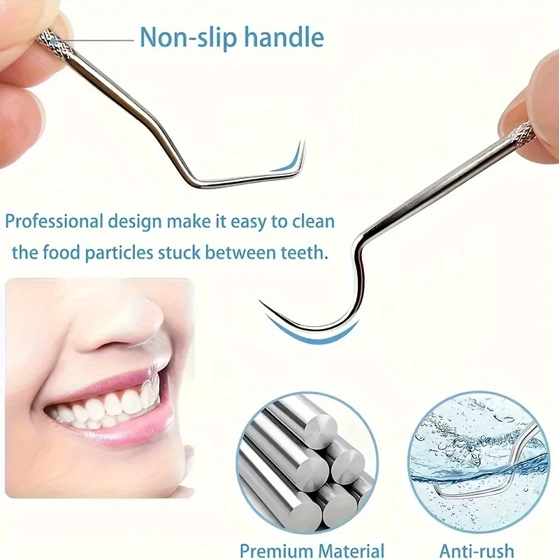 4 قطع من أعواد الأسنان المعدنية القابلة لإعادة الاستخدام للأسنان، مجموعة أعواد الأسنان المحمولة المصنوعة من الفولاذ المقاوم للصدأ مع حامل، مجموعة تنظيف الأسنان للخارج #4