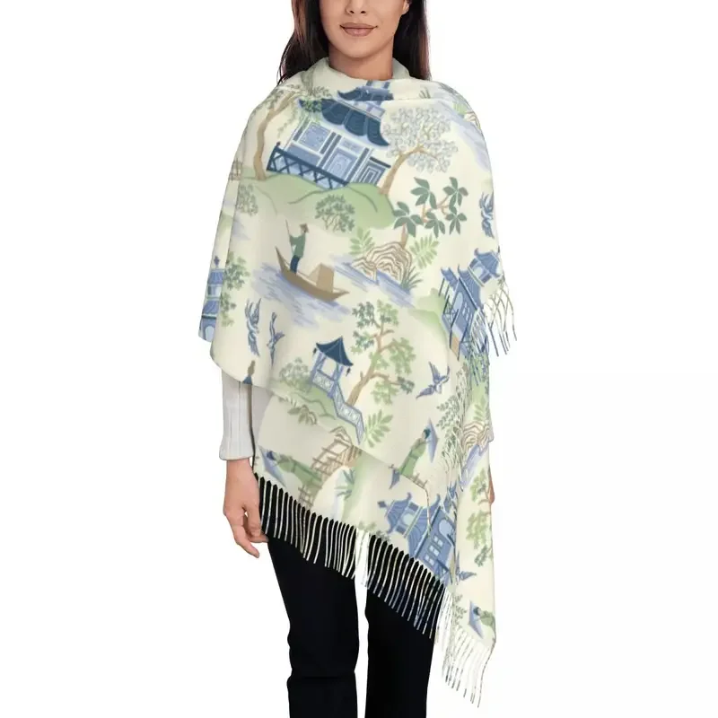 Vintage Chinoiserie Willow Pagoda Tassel Scarf Women Soft Oriental Style Landscape Shawls Wraps Lady Winter Fall Scarves