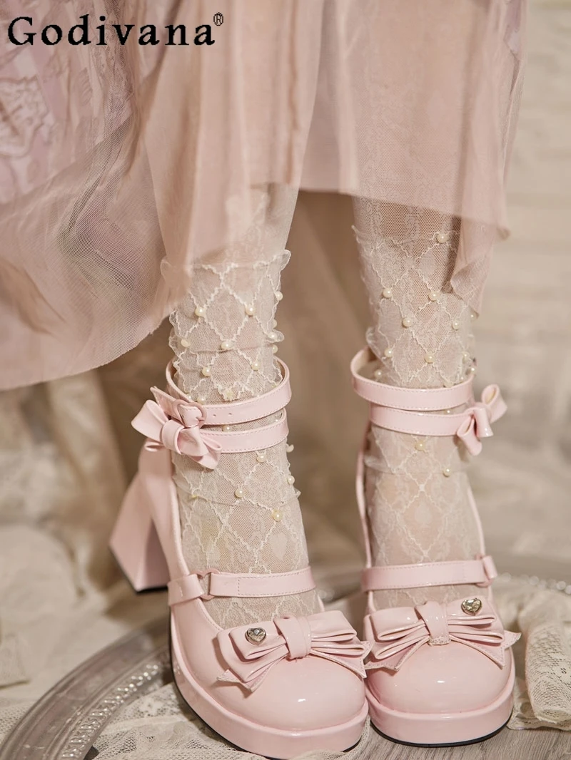 

2025 New Japanese Original Lolita Sweet Girl Thick-Soled High Heels Round Toe Chunky Heel Bow Mary Jane Shoes