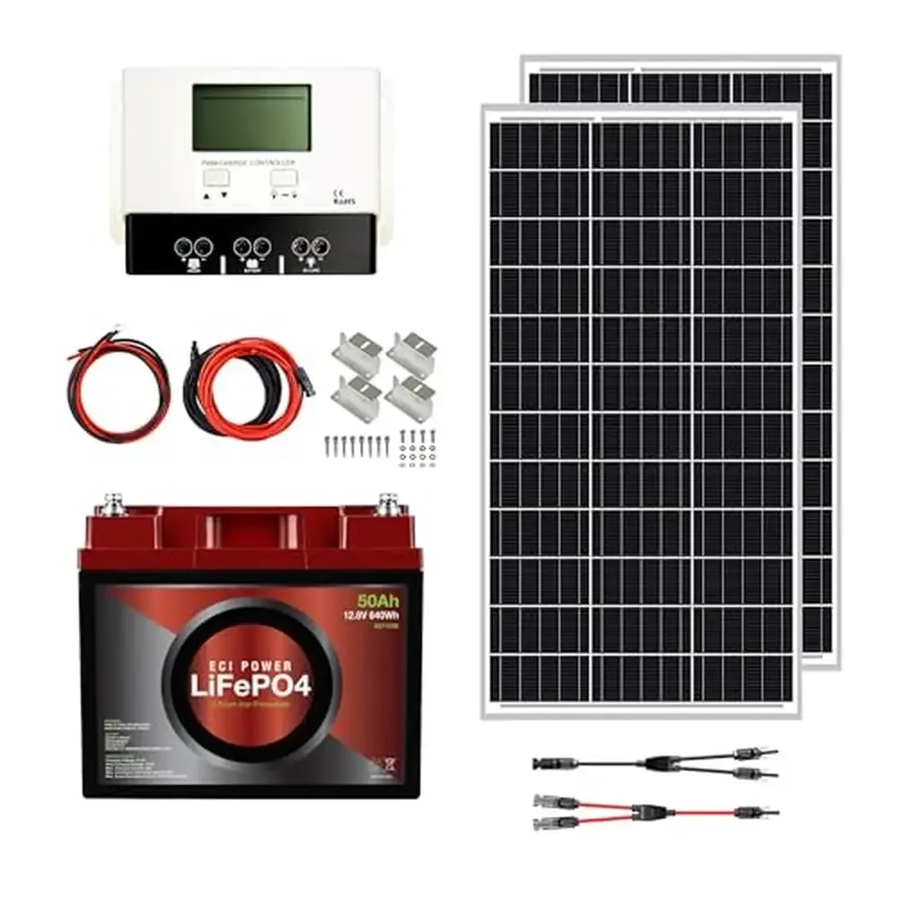 12V 50Ah Lithium Battery Solar Panel Kit 200W Mono Rigid Panels 30A Charge Controller RV Power System